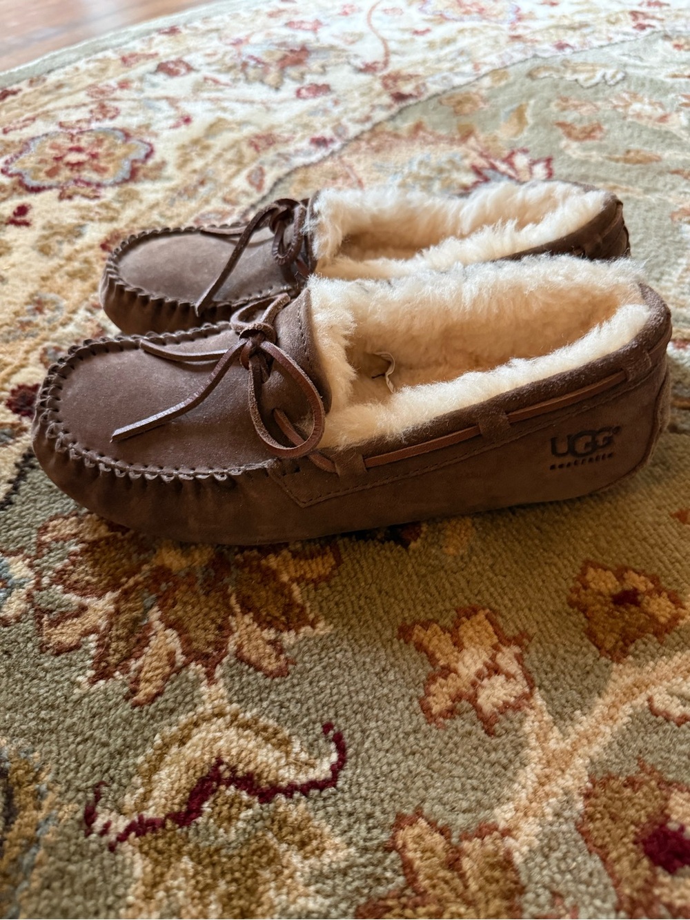 UGG Chestnut Brown Shearling-Lined Moccasin Slippers